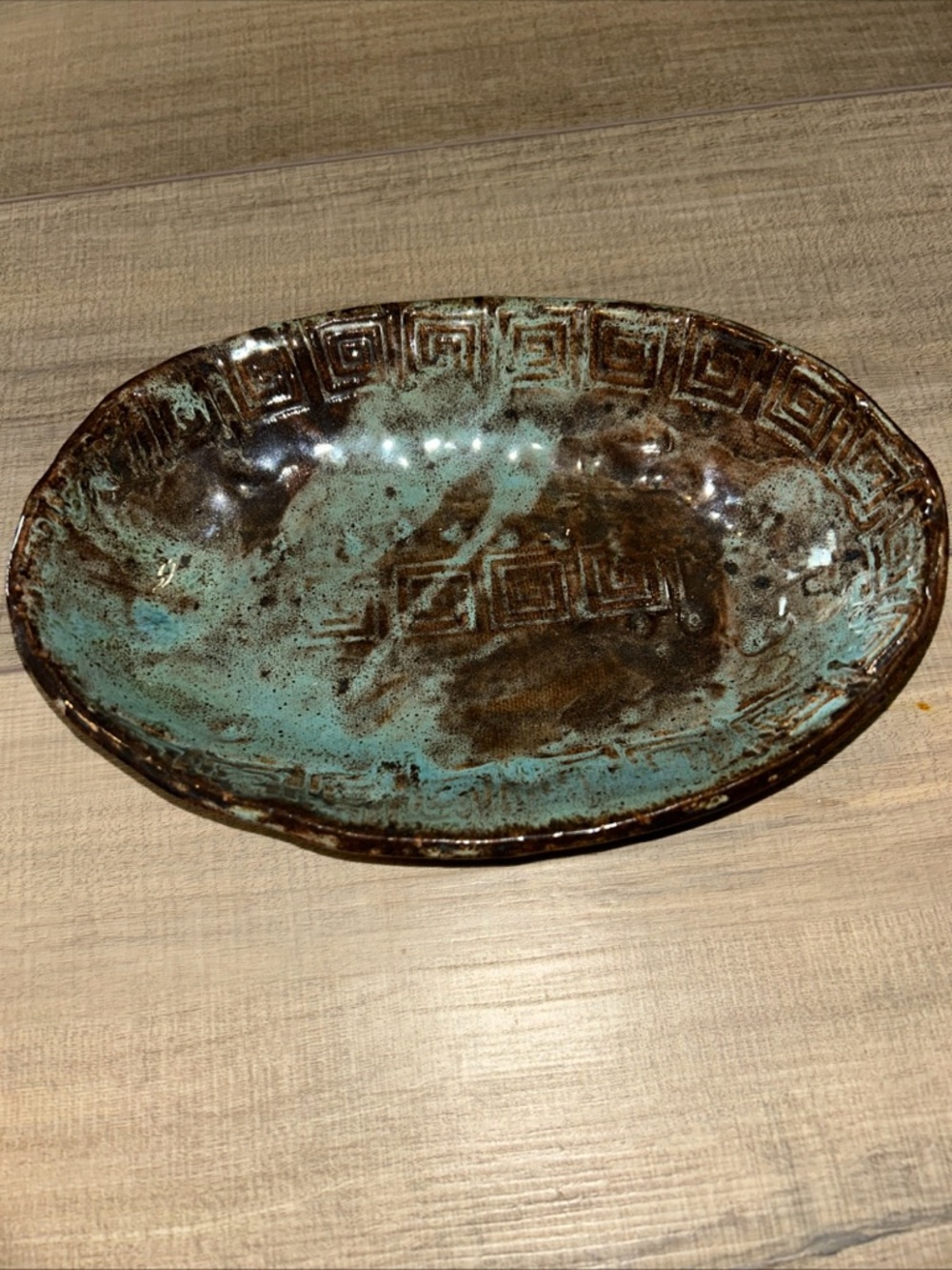 Studio Pottery Glazed Rustic Handmade Oval Dish 8x6 Teal And Brown